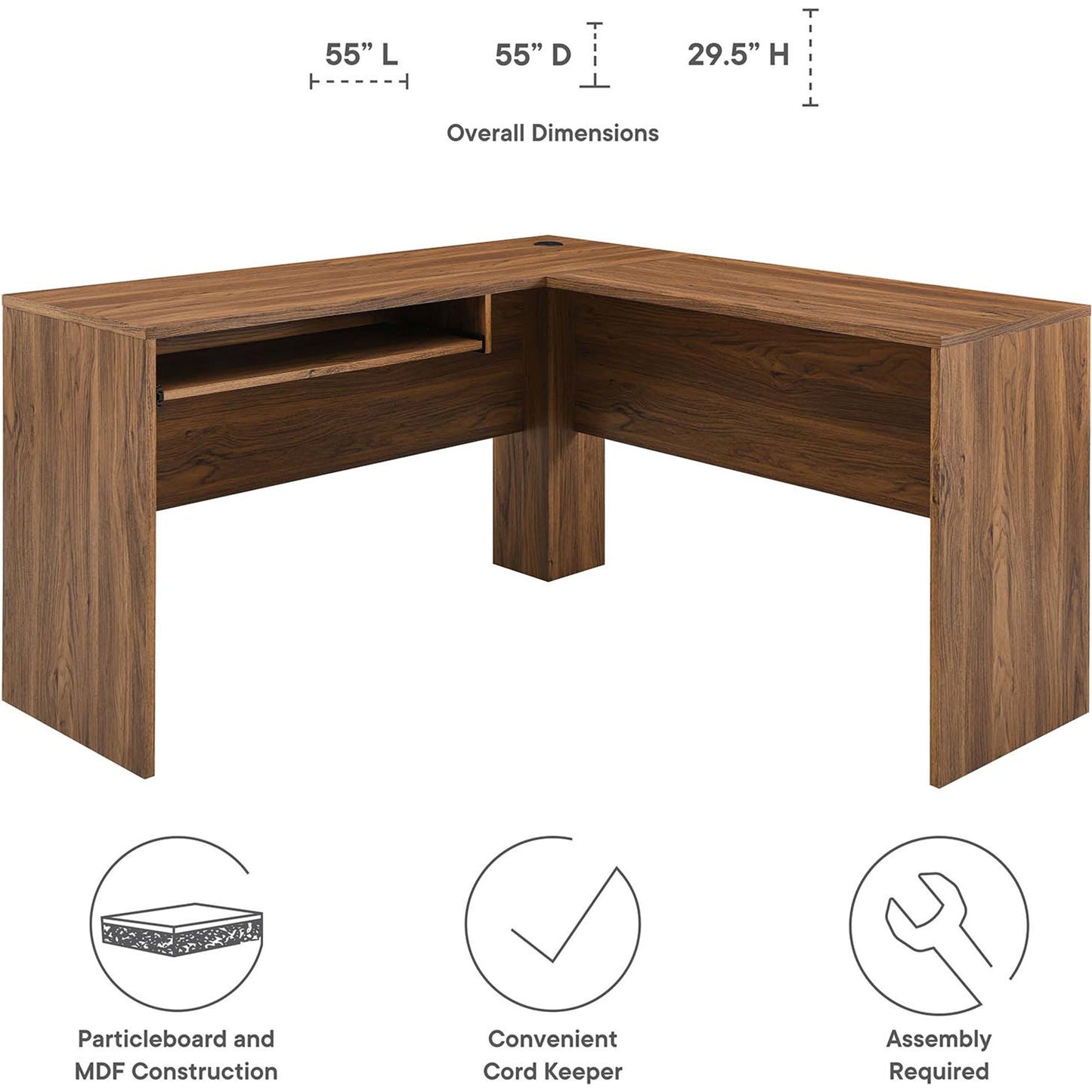 004 SI-1929690 | Closeup | Nicholas L-Shaped Wood Office Desk by Evans & Londeen in walnut. Made from particle board, mdf, engineering wood with straight profile, pp toppan walnut, paper lamination, keyboard tray, tray runner, grommet cover, weight capacit