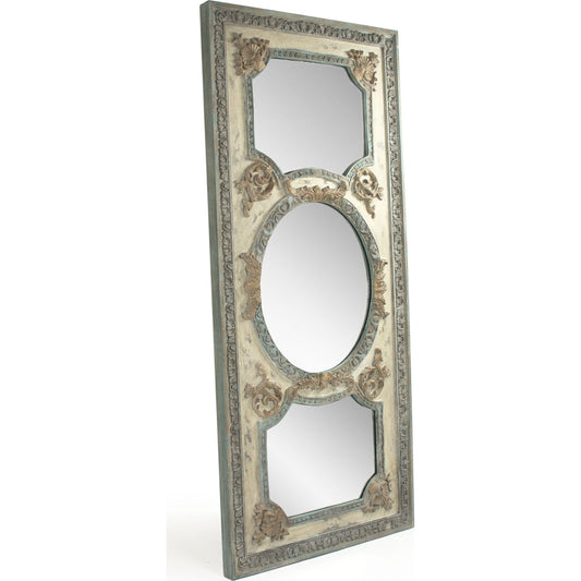 Theon Mirror by Zentique in distressed sage green, antique cream and wood, mirror, mdf. Made from wood, mirror, mdf in a traditional style.