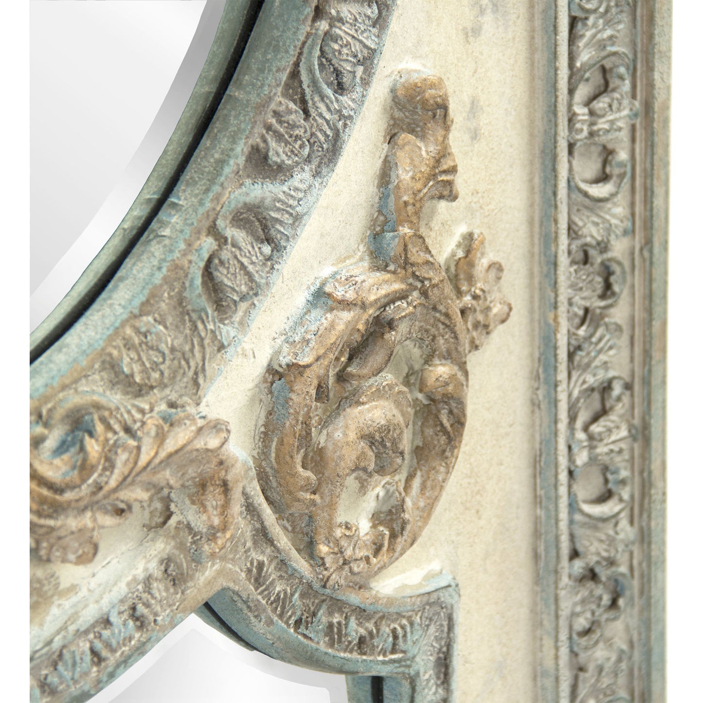 001 S-338399 | Closeup | Theon Mirror by Zentique in distressed sage green, antique cream and wood, mirror, mdf. Made from wood, mirror, mdf in a traditional style.