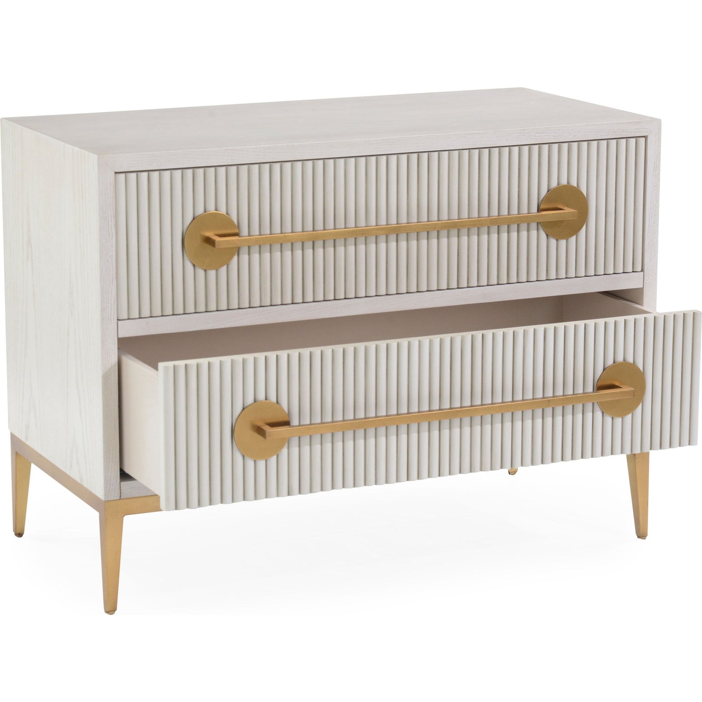 003 SR-771666 | Additional Silo | Carlyle Nightstand by John-Richard in ash, beluga, gold and ash beluga, antique beluga, etruscan gold. Made from ash veneer, mdf, steel in a coastal style.