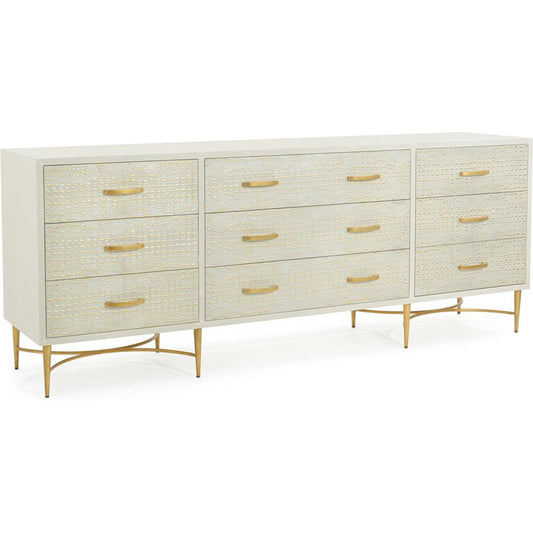 Kano Nine-Drawer Sideboard by John-Richard in cream, gold, white. Made from metal in a transitional style.