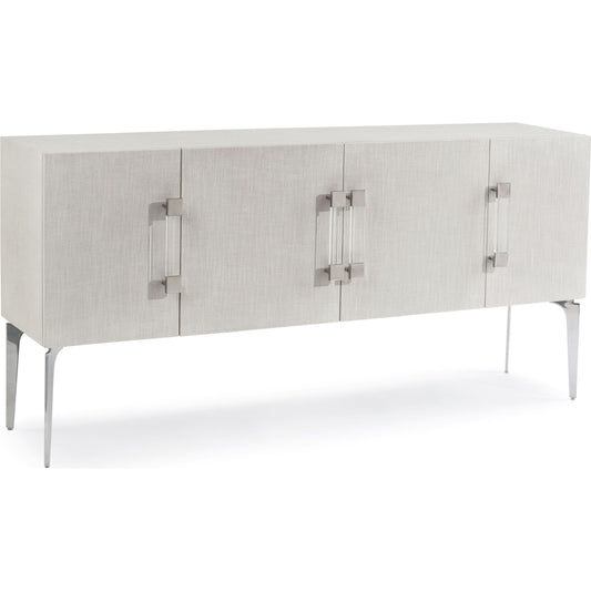 Martino Sideboard by John-Richard in stainless steel, white and white linen. Made from mdf, linen, acrylic, stainless steel in a modern style.