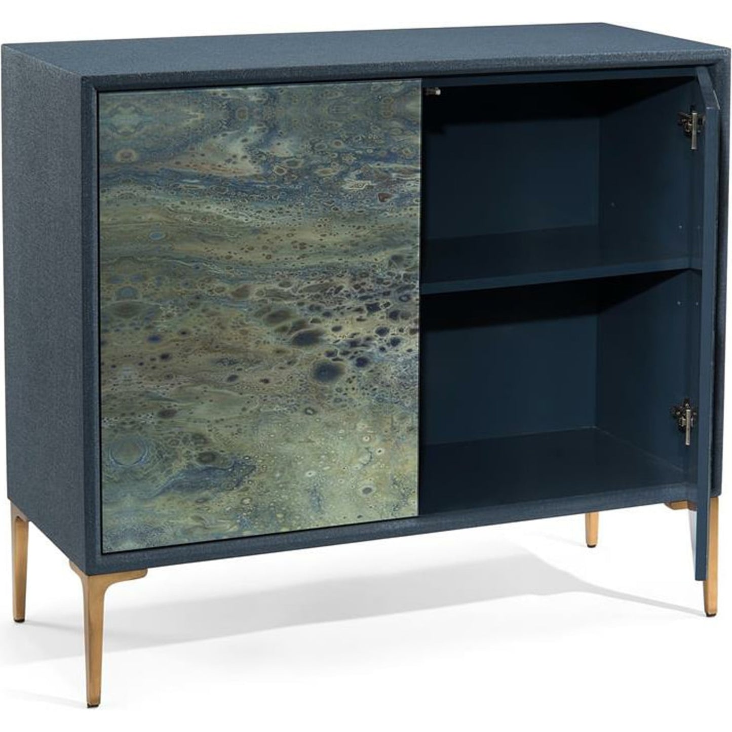 002 SR-865656 | Additional Silo | Shaye Rawson's Pavo Cabinet by John-Richard in indigo. Made from glass, metal in a coastal style.