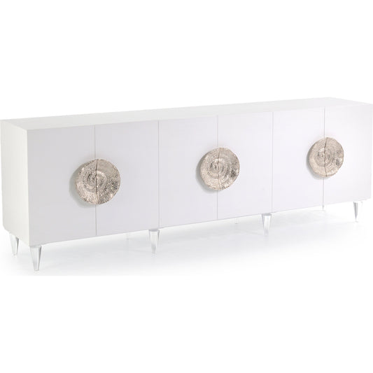 Triesse Credenza by John-Richard in white and ice white. Made from mdf, acrylic, aluminum, soft closing doors in a modern style.