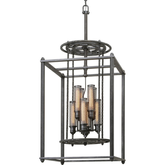 Atlas Pendant by Troy in aged pewter. Made from hand-worked iron in a modern style.