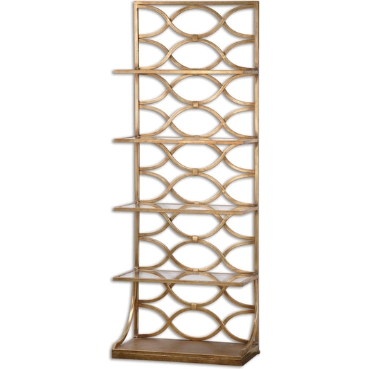 Lashaya Etagere by Uttermost in gold. Made from metal, tempered glass in a modern style.