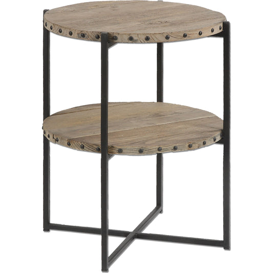 Kamau Round Accent Table by Uttermost. Made from recycled elm, iron in a cottage & farmhouse style.