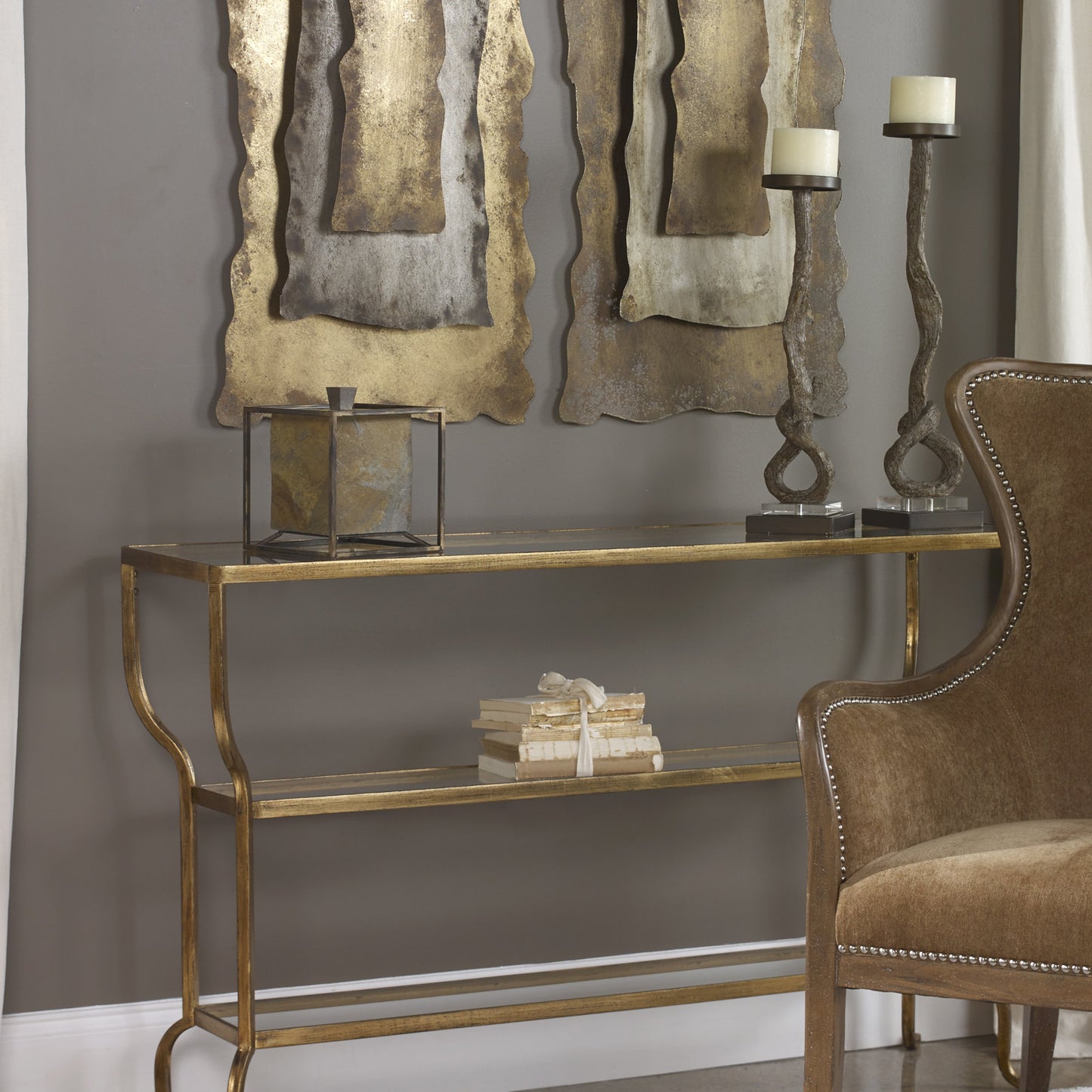 006 S-253090 | Additional Silo | Deline Console Table by Uttermost in gold. Made from iron, glass in a modern style.