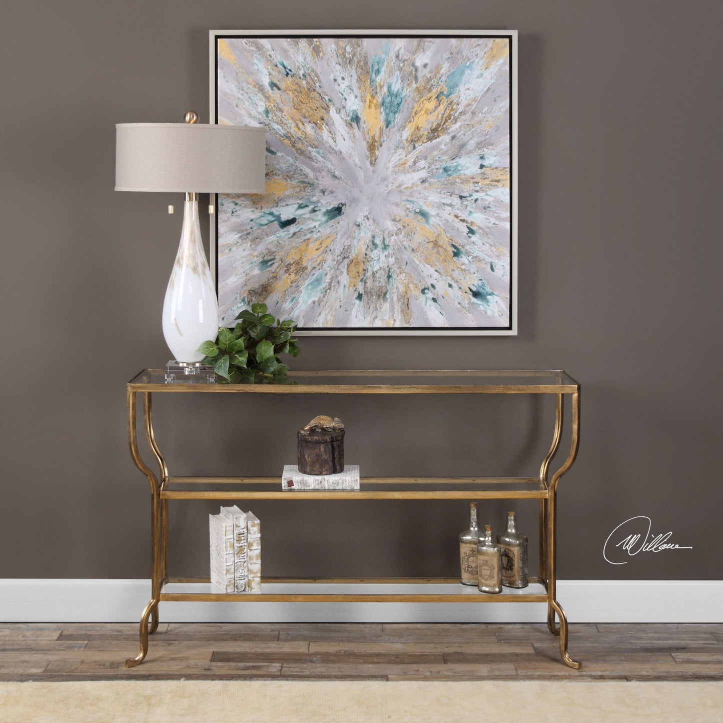 004 S-253090 | Additional Silo | Deline Console Table by Uttermost in gold. Made from iron, glass in a modern style.