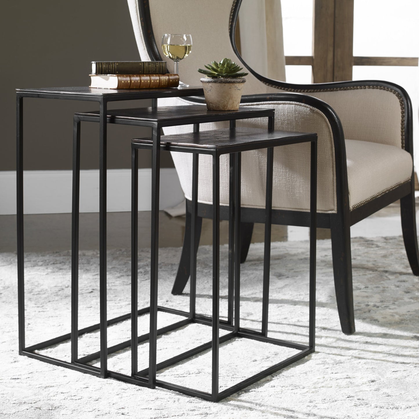 002 S-253170 | Lifestyle | Coreene Iron Nesting Tables (Set of 3) by Uttermost in iron. Made from iron, aluminum in a modern style.