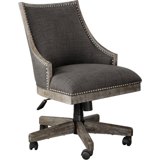 001 S-252915 | Primary Silo | Aidrian Charcoal Desk Chair by Uttermost in charcoal. Made from metal, bent wood, plywood, fabric, foam in a cottage & farmhouse style.