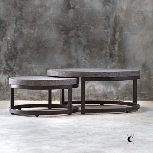 Aiyara Gray Nesting Tables (Set of 2) by Uttermost in gray. Made from javawood with particle board carb phase 2, burlap in a modern style.