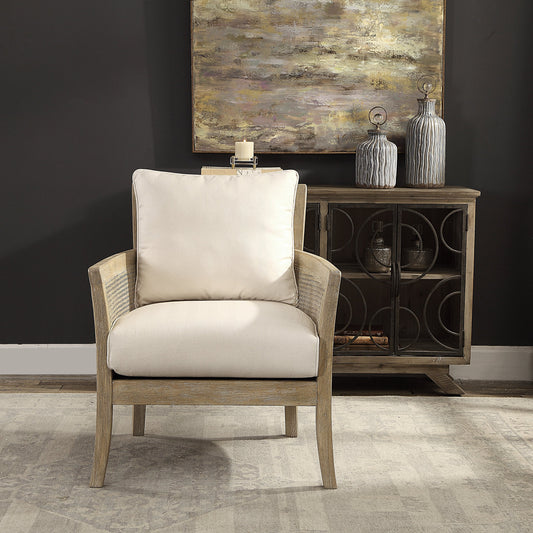Encore Armchair by Uttermost in natural. Made from rubber wood, rattan, plywood, fabric, metal in a cottage & farmhouse style.