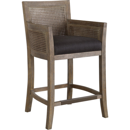 Encore Counter Stool by Uttermost in dark gray. Made from birch wood, plywood, fabic, metal, foam in a transitional style.