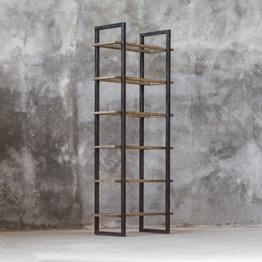 Olwyn Industrial Etagere by Uttermost. Made from javawood with metl iron, glass in a transitional style.