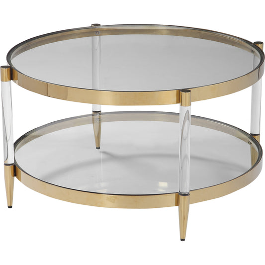 Kellen Coffee Table by Uttermost in gold. Made from stainless steel, glass, acrylic in a transitional style.
