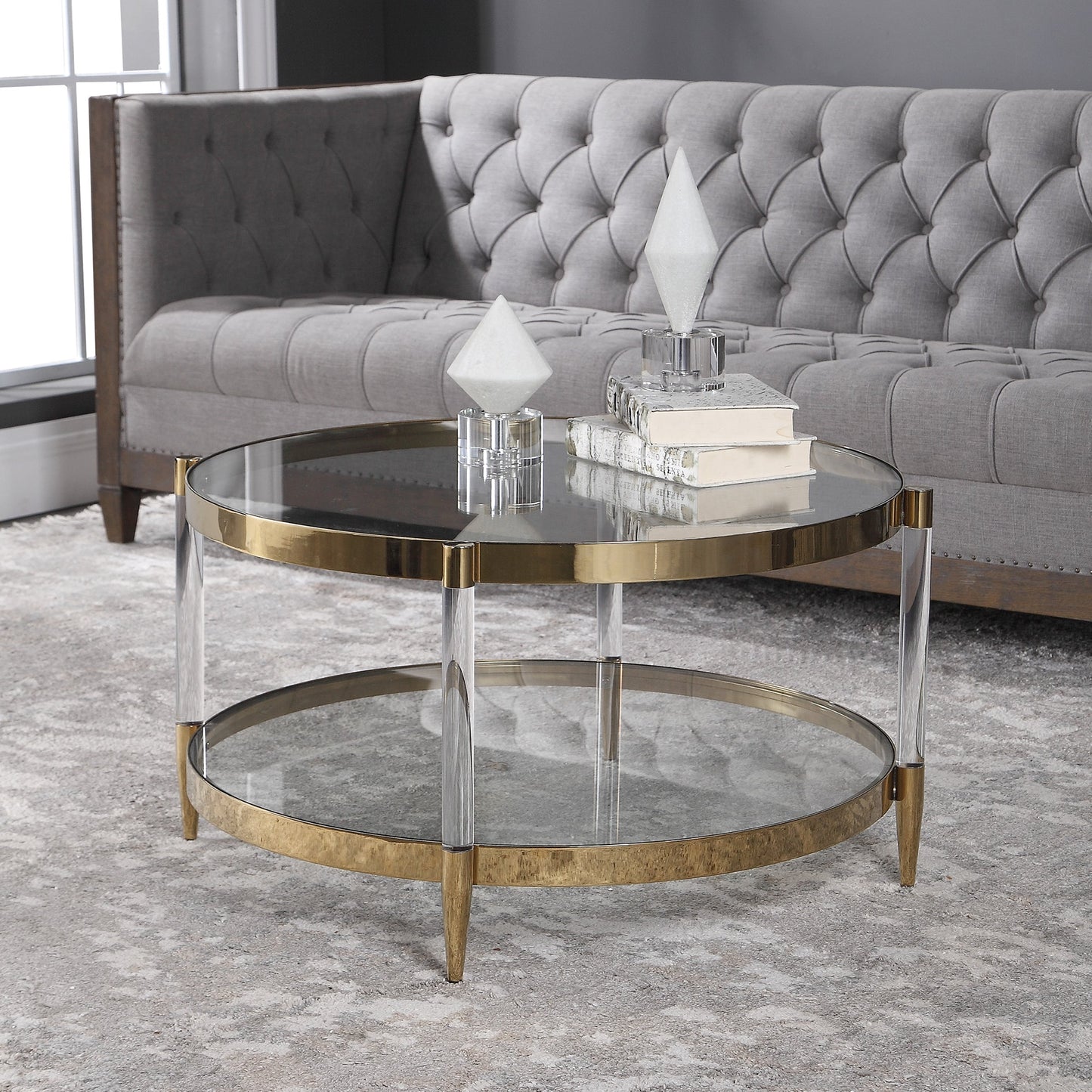 003 SR-388977 | Additional Silo | Kellen Coffee Table by Uttermost in gold. Made from stainless steel, glass, acrylic in a transitional style.