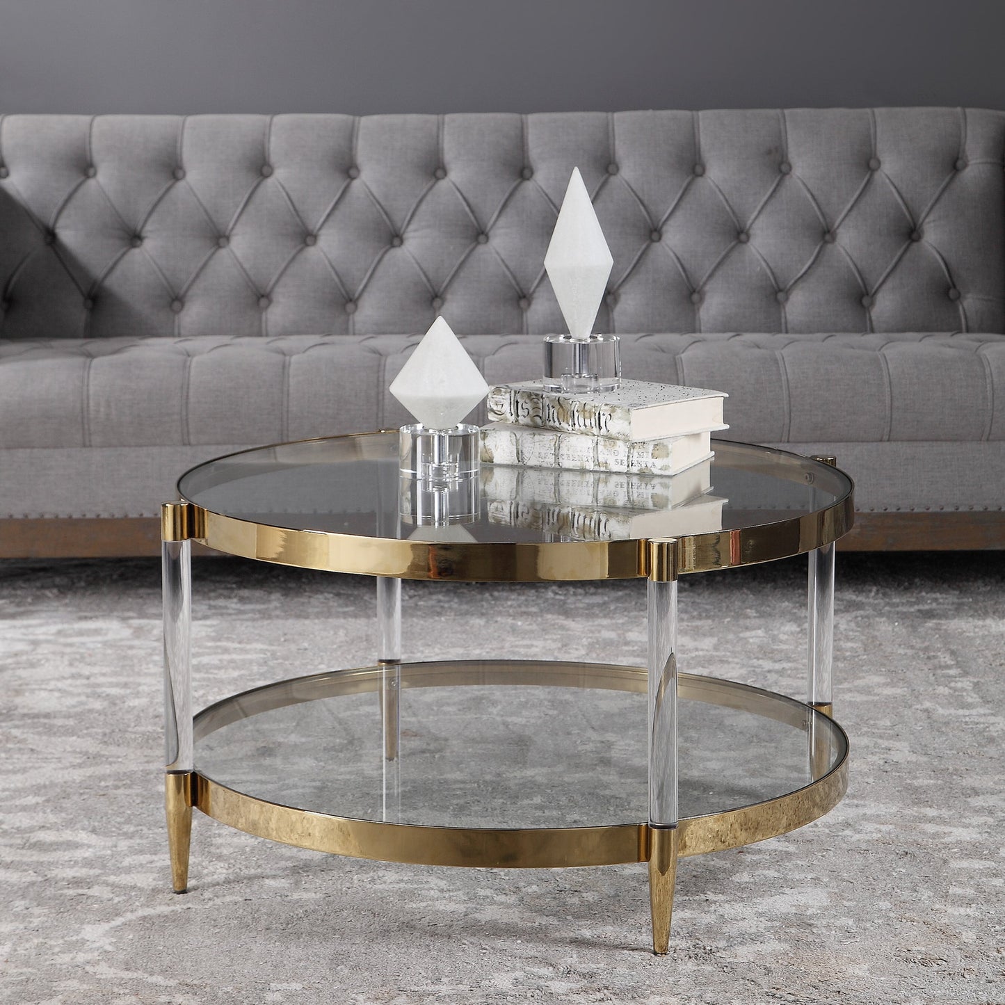 005 SR-388977 | Additional Silo | Kellen Coffee Table by Uttermost in gold. Made from stainless steel, glass, acrylic in a transitional style.