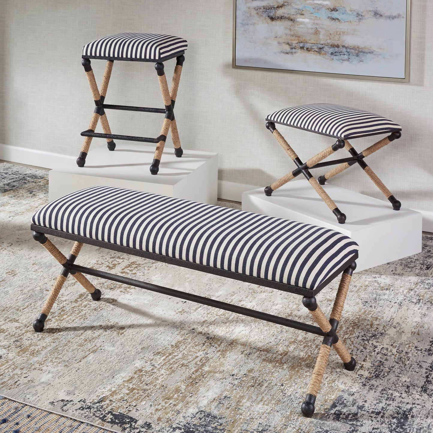 007 SR-766708 | Additional Silo | Braddock Bench by Uttermost in navy, cream. Made from iron, mdf, rope, foam, fabric in a coastal style.