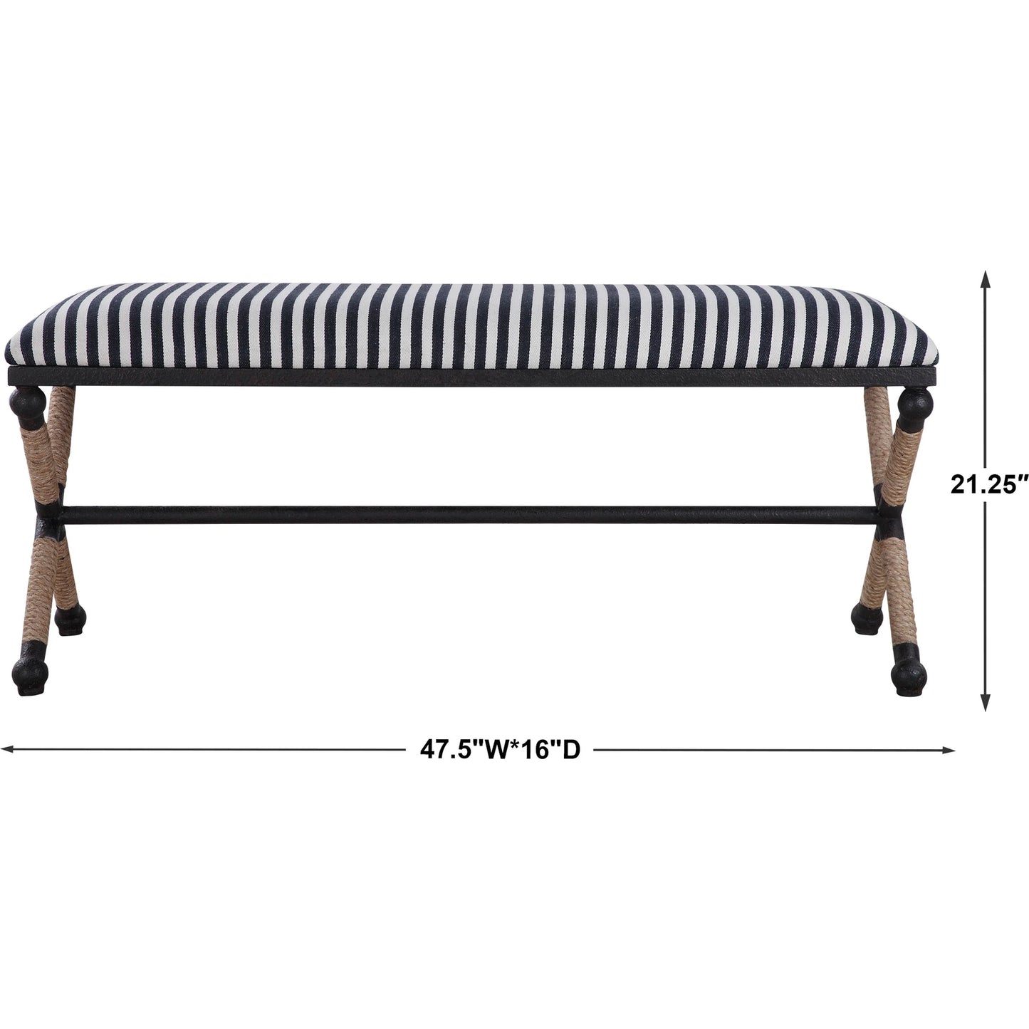 006 SR-766708 | Additional Silo | Braddock Bench by Uttermost in navy, cream. Made from iron, mdf, rope, foam, fabric in a coastal style.