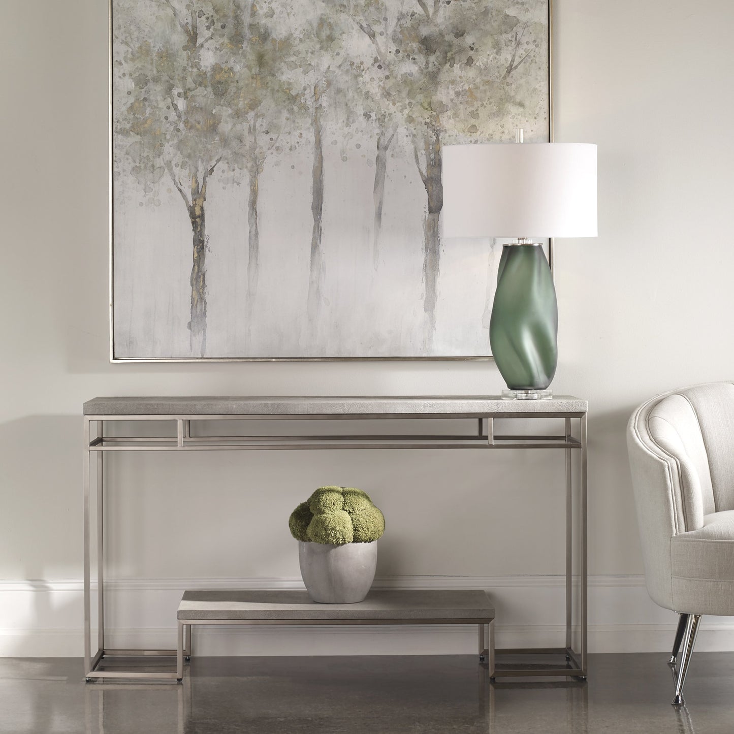 001 SR-897252 | Lifestyle | Clea Console Table by Uttermost. Made from stainless steel, mdf, faux shargreen in a modern style.