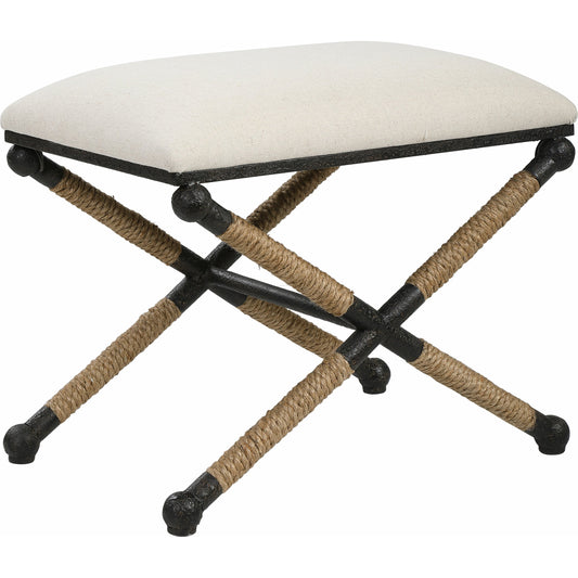 Firth Small Bench by Uttermost in navy. Made from iron, mdf, foam, rope, linen in a coastal style.