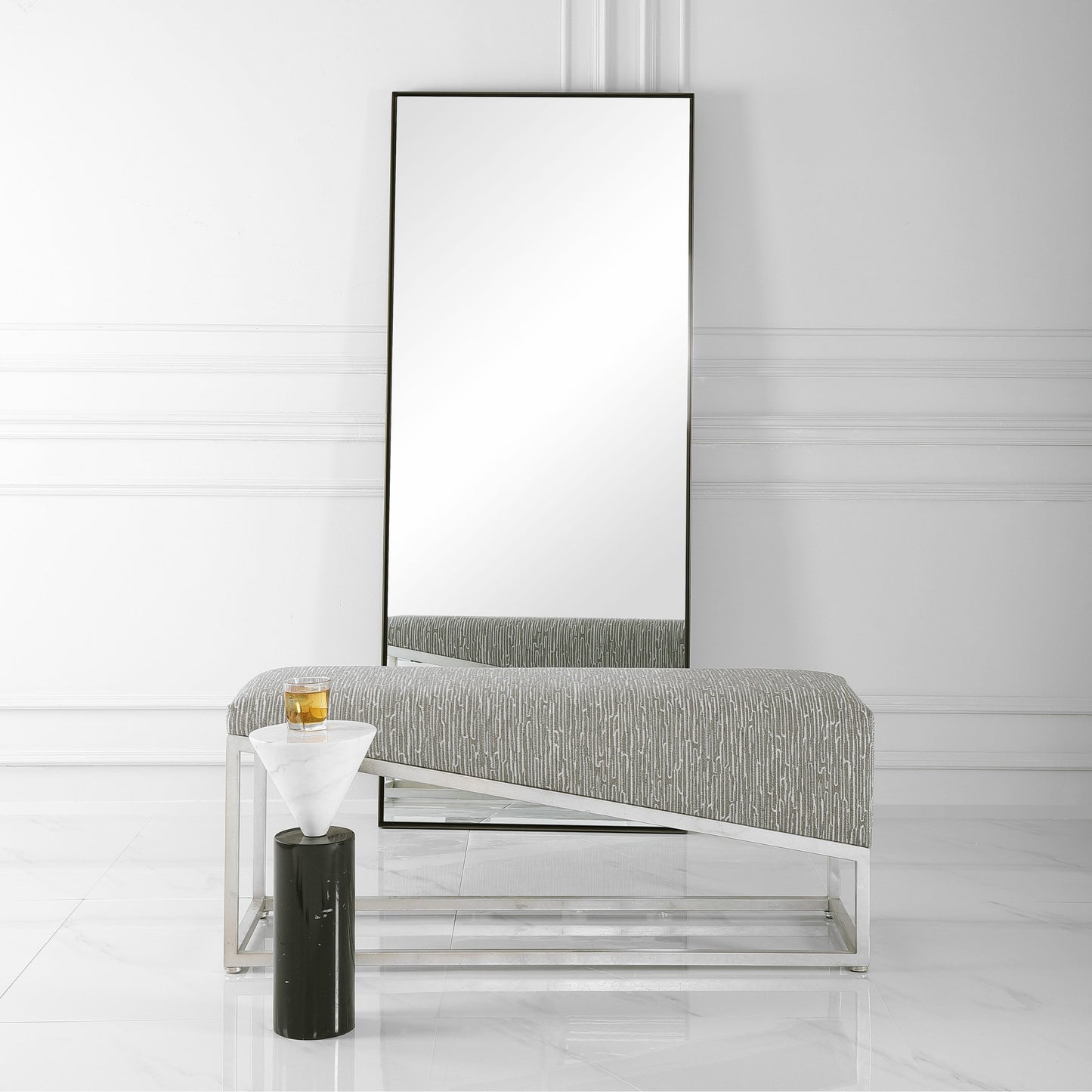 005 SR-824174 | Lifestyle | Uphill Climb Geometric Bench by Uttermost. Made from fir, iron, fabric, foam in a modern style.