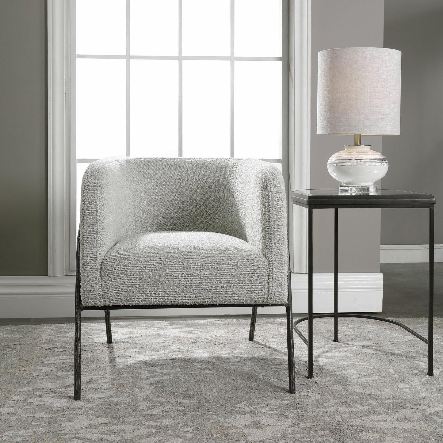 003 SR-824177 | Lifestyle | Jacobsen Accent Chair by Uttermost in ivory, warm gray and iron. Made from fabric, foam, plywood, iron in a modern style.