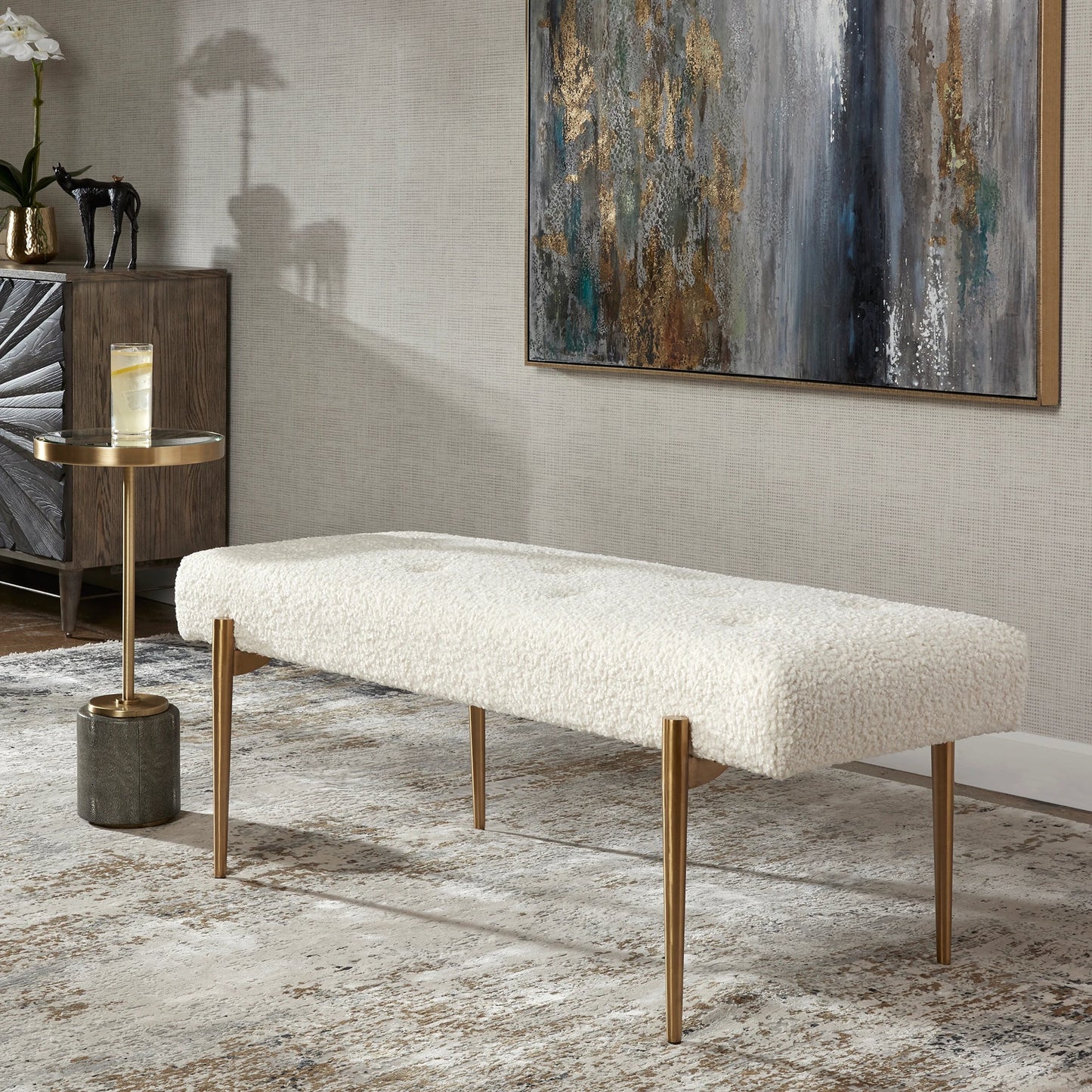 006 SR-824178 | Lifestyle | Olivier Bench by Uttermost. Made from stainless steel, fabric, plywood, foam in a modern style.