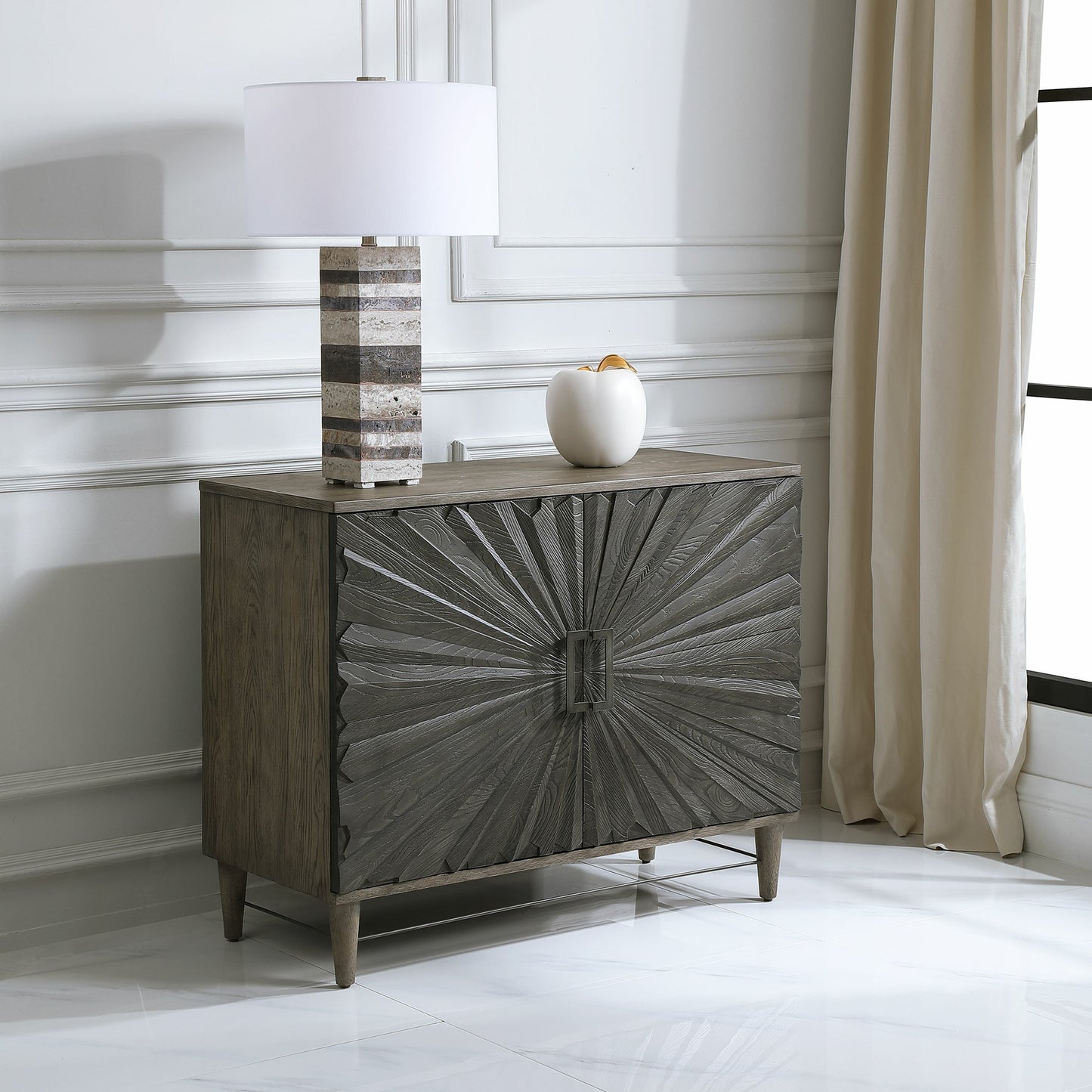 009 SR-824200 | Lifestyle | Shield Cabinet by Uttermost in gray. Made from rubber wood, oak veneer, mdf, particle board, steel in a eclectic & global style.