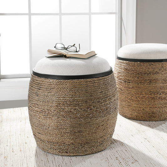 Island Straw Accent Stool by Uttermost. Made from mdf, straw, iron, foam, liene, dacron in a coastal style.