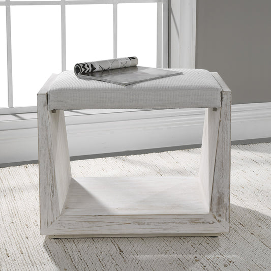 Cabana Bench by Uttermost in white. Made from iron, mdf, linen, foam in a coastal style.