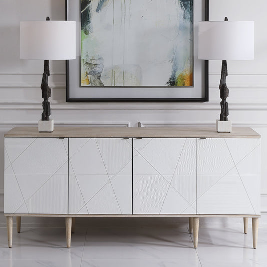 Tightrope Sideboard by Uttermost. Made from rubber wood, mdf, plywood, elm veneer in a modern style.