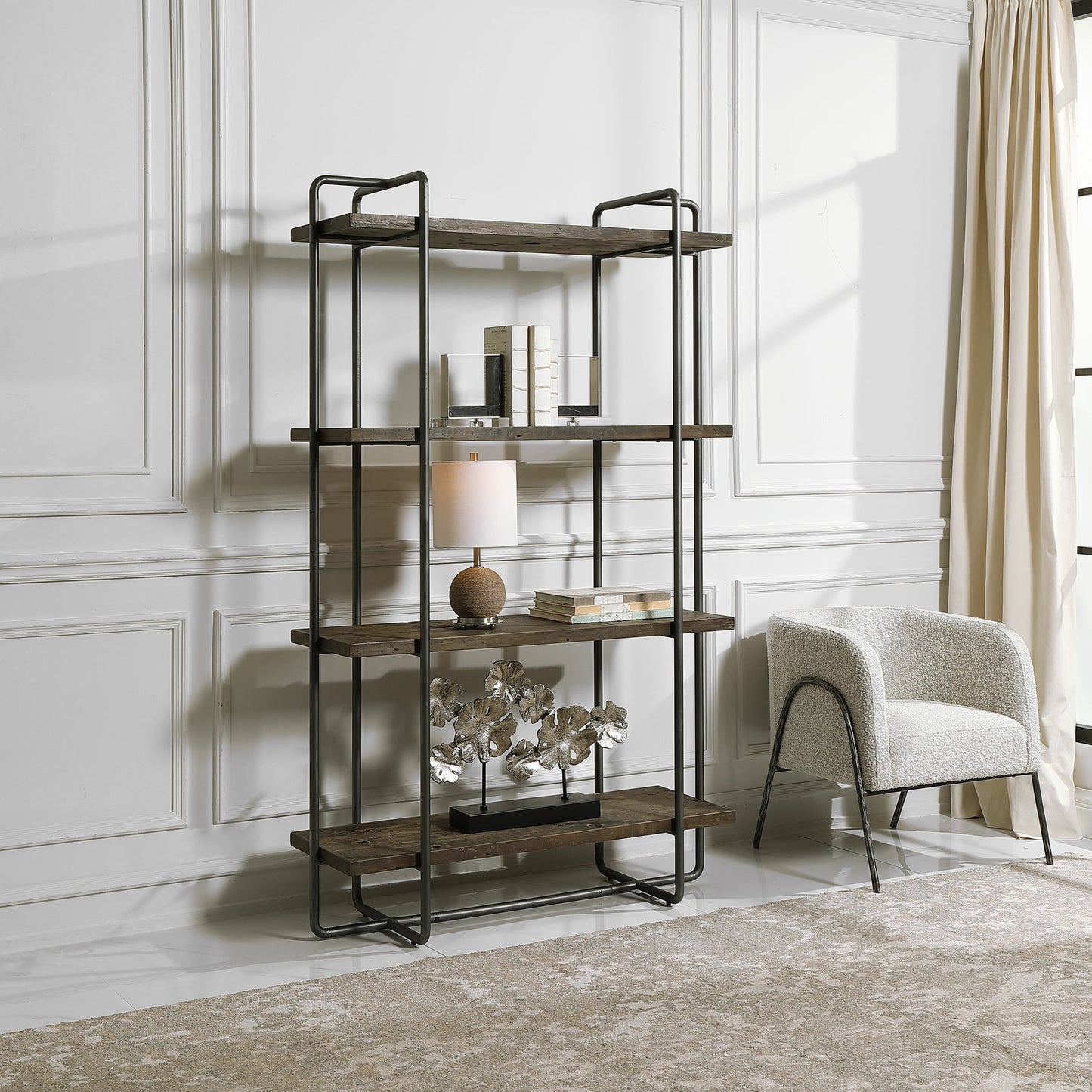 004 SR-860983 | Lifestyle | Stilo Etagere by Uttermost. Made from boat wood, plywood, steel in a modern style.