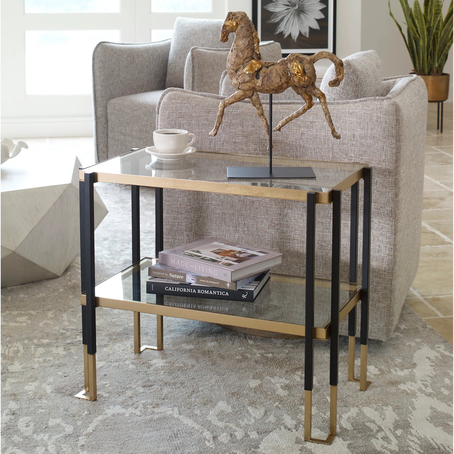 007 SI-1754817 | Lifestyle | Kentmore Side Table by Uttermost in matte black, brushed gold. Made from iron, tempered glass in a transitional style.