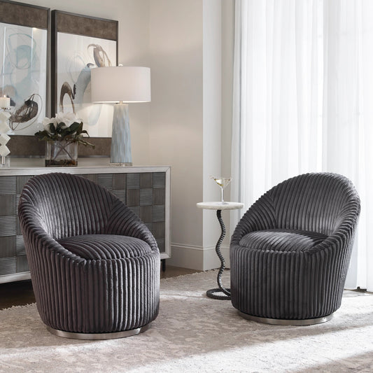 Crue Swivel Chair by Uttermost. Made from plywood, hardwood, fabric, foam, stainless steel in a modern style.