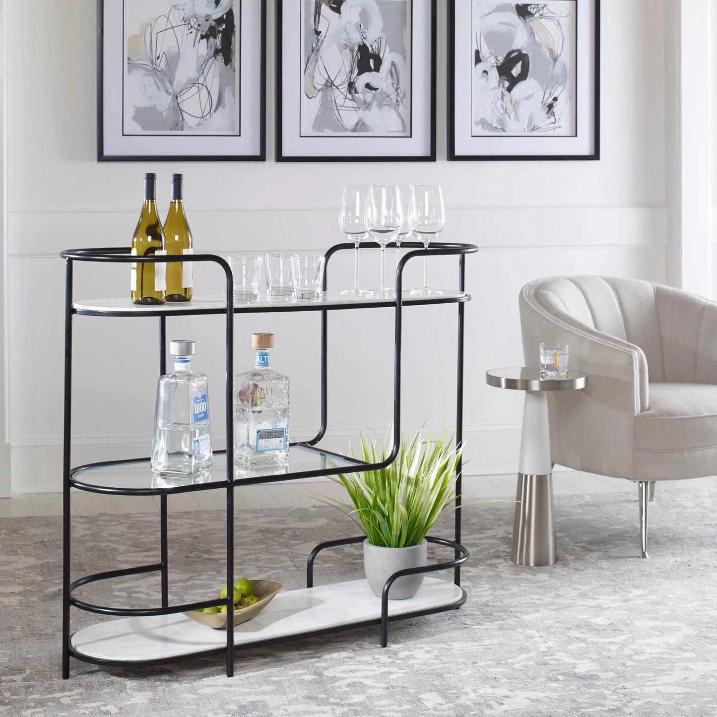 005 SI-1923698 | Lifestyle | Trolley Bar Console by Uttermost in satin black. Made from marble, iron, tempered glass in a modern style.