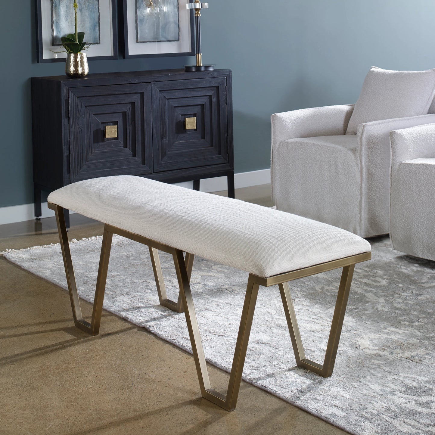 006 SI-1789777 | Additional Silo | Farrah Bench by Uttermost in antique gold leaf. Made from iron, mdf, polyester, foam in a modern style.