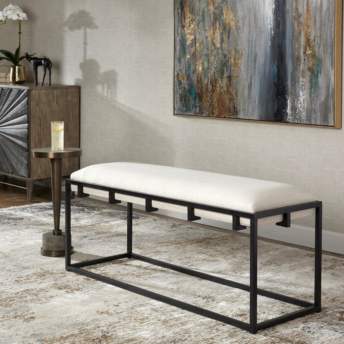 007 SI-1789789 | Lifestyle | Paradox Bench by Uttermost in matte black. Made from iron, mdf, polyester, foam in a transitional style.