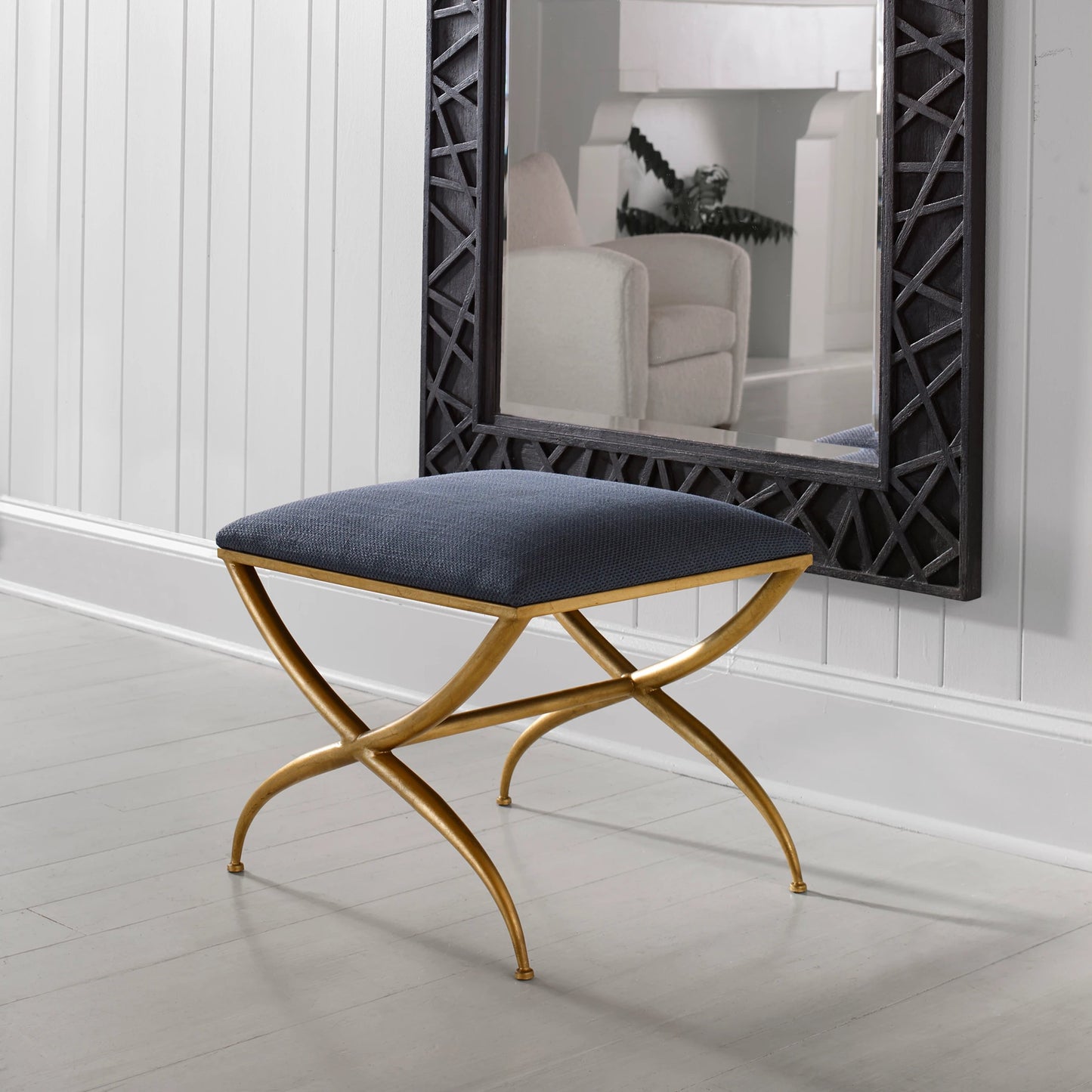 014 SI-1923665 | Lifestyle | Crossing Bench by Uttermost in gold. Made from foam, fabric, iron, mdf in a transitional style.