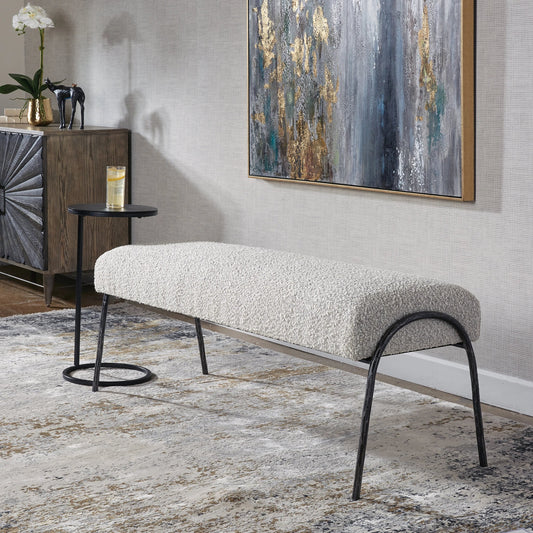 Jacobsen Bench by Uttermost in ivory, warm gray. Made from fabric, foam, plywood, iron in a modern style.
