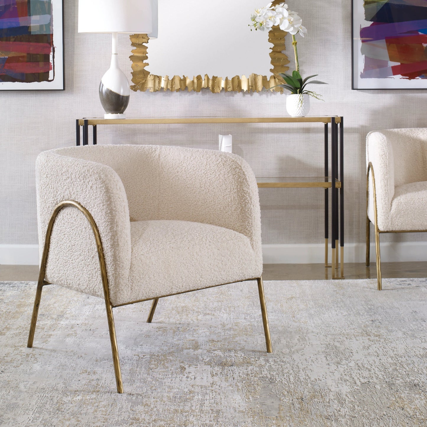 006 SI-1923672 | Lifestyle | Jacobsen Shearling Accent Chair by Uttermost. Made from fabric, foam, plywood, iron in a modern style.