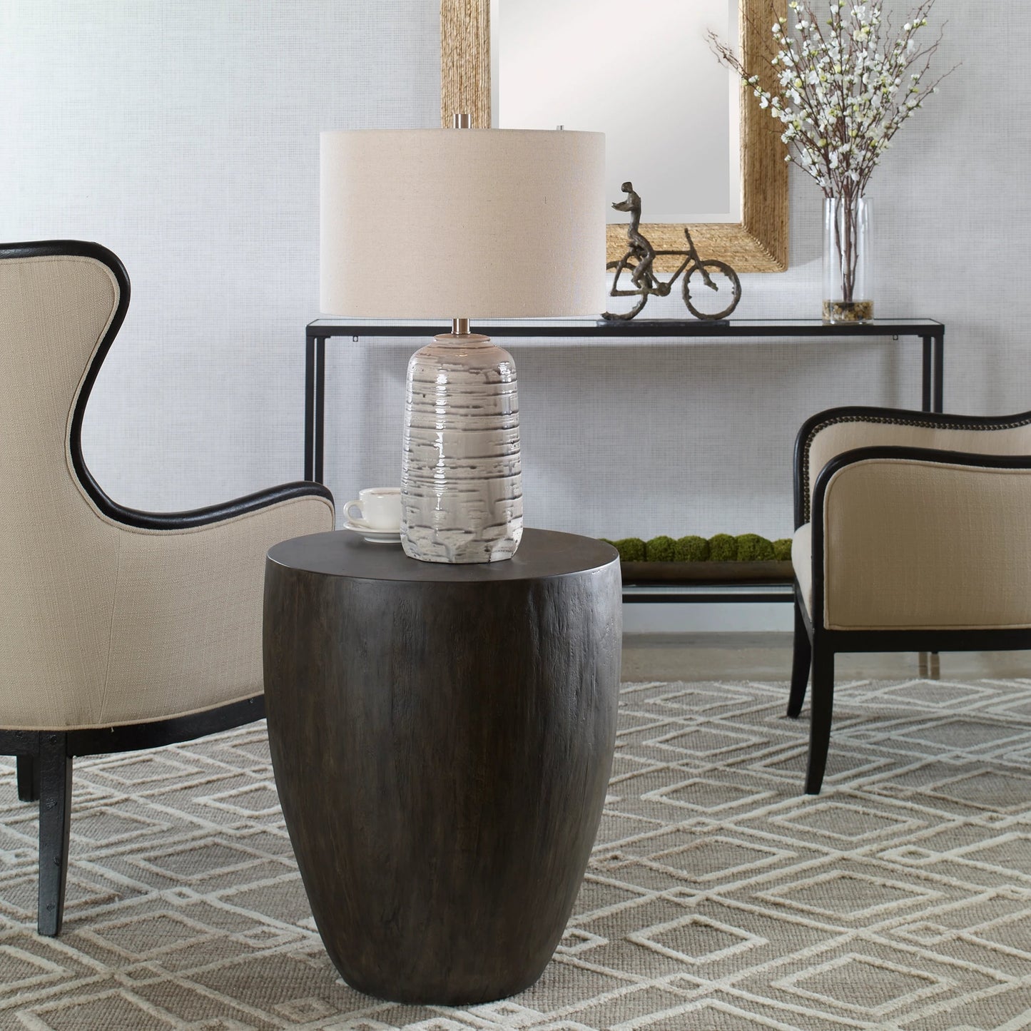 003 SI-1923707 | Lifestyle | Lark Minimalist End Table by Uttermost in walnut. Made from carb phase 2 with fiberglass in a modern style.