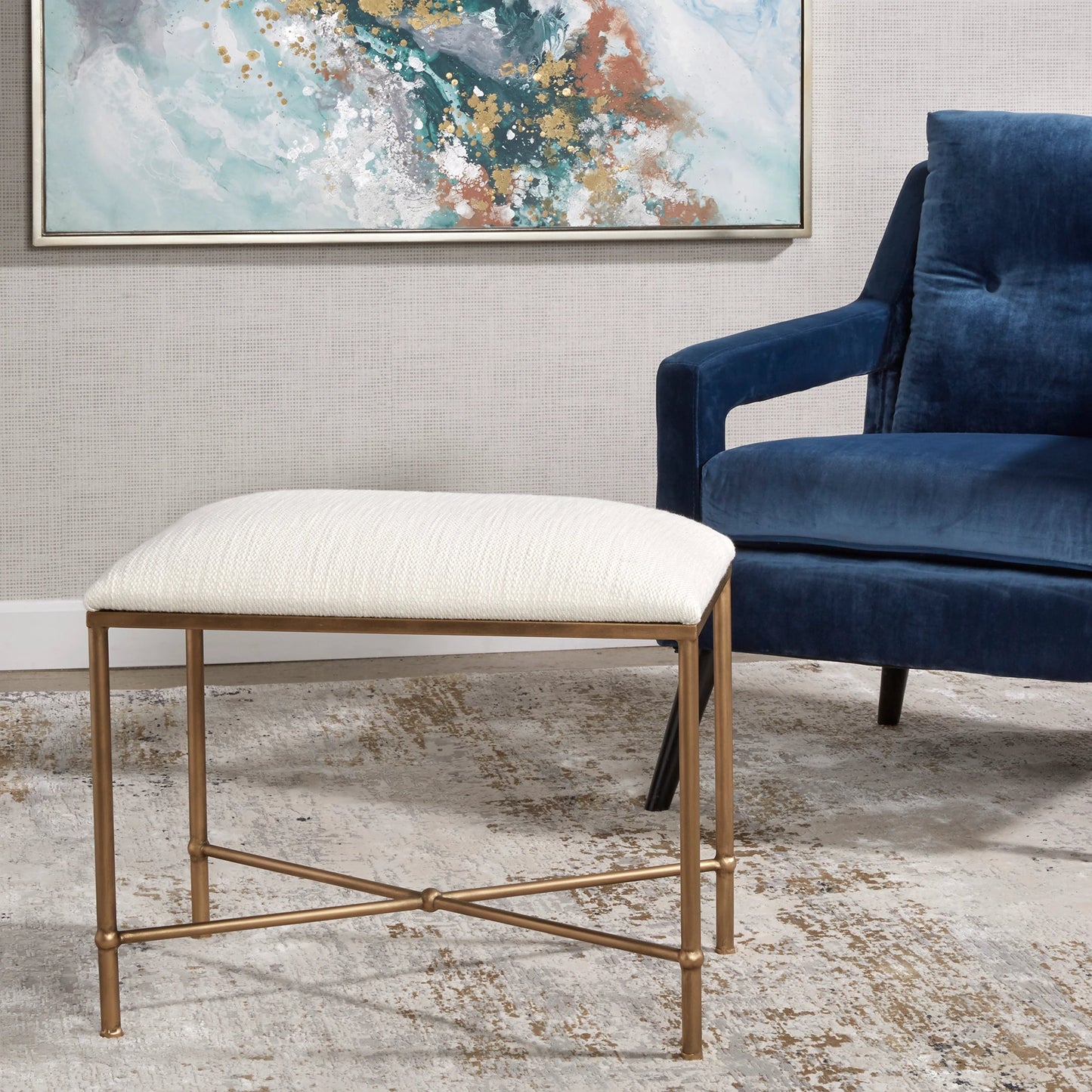 012 SI-1923675 | Lifestyle | Avenham Small Bench by Uttermost. Made from foam, fabric, mdf, iron in a modern style.