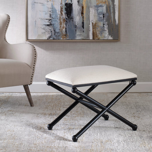 Andrews Bench by Uttermost in white, satin black. Made from iron, mdf, foam, polyester in a coastal style.