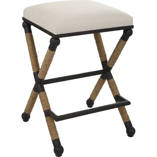 001 SI-1923686 | Primary Silo | Firth Rustic Oatmeal Counter Stool by Uttermost in black, natural. Made from mdf, farbic, iron, foam, rope in a coastal style.