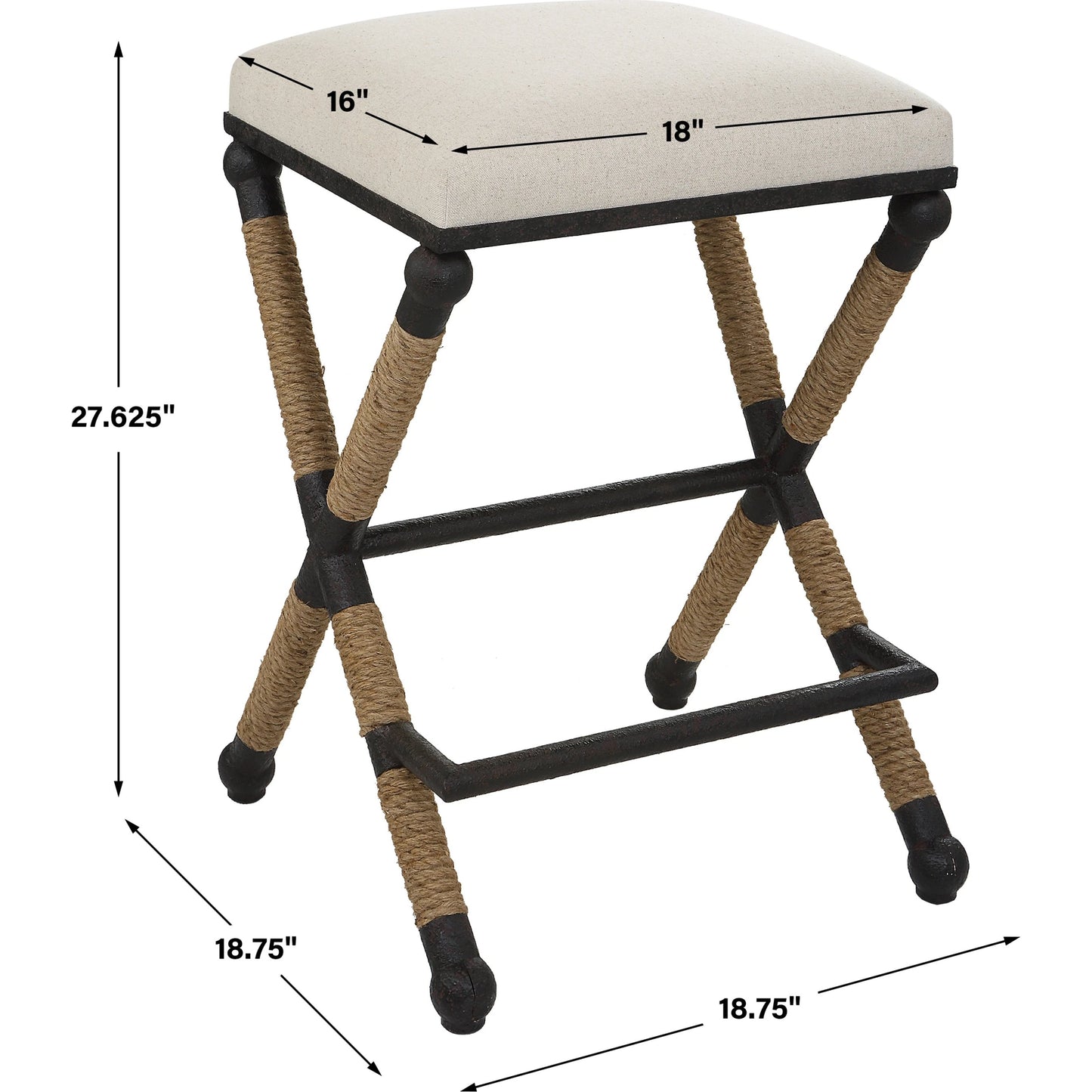 003 SI-1923686 | Additional Silo | Firth Rustic Oatmeal Counter Stool by Uttermost in black, natural. Made from mdf, farbic, iron, foam, rope in a coastal style.