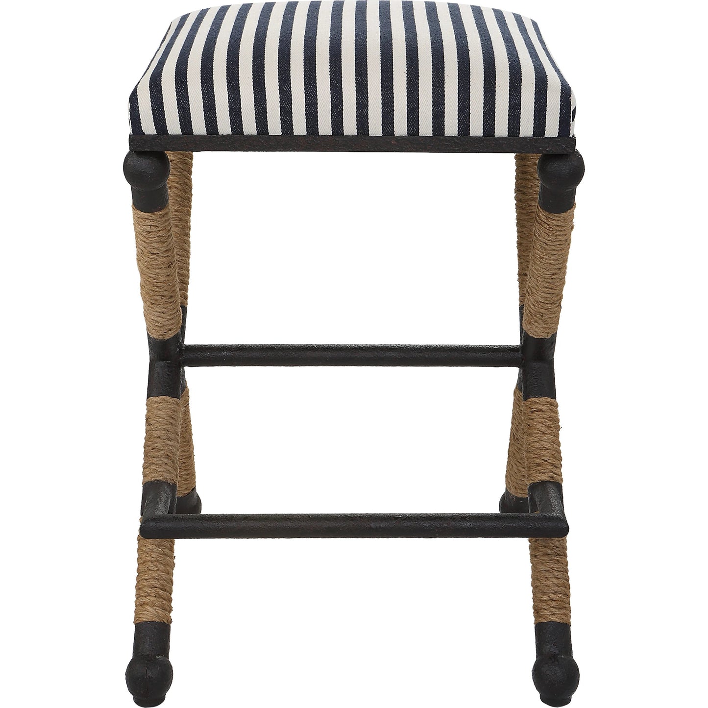 010 SI-1923688 | Additional Silo | Braddock Counter Stool by Uttermost in navy, cream and iron. Made from mdf, farbic, iron, foam, rope in a coastal style.