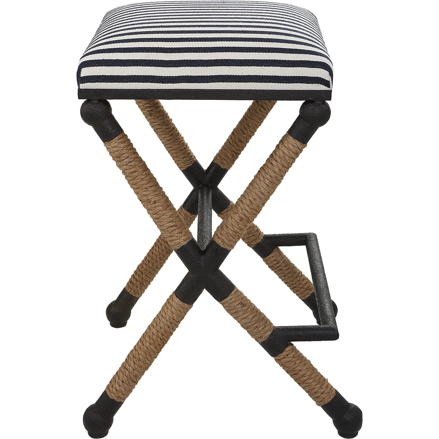 005 SI-1923688 | Additional Silo | Braddock Counter Stool by Uttermost in navy, cream and iron. Made from mdf, farbic, iron, foam, rope in a coastal style.