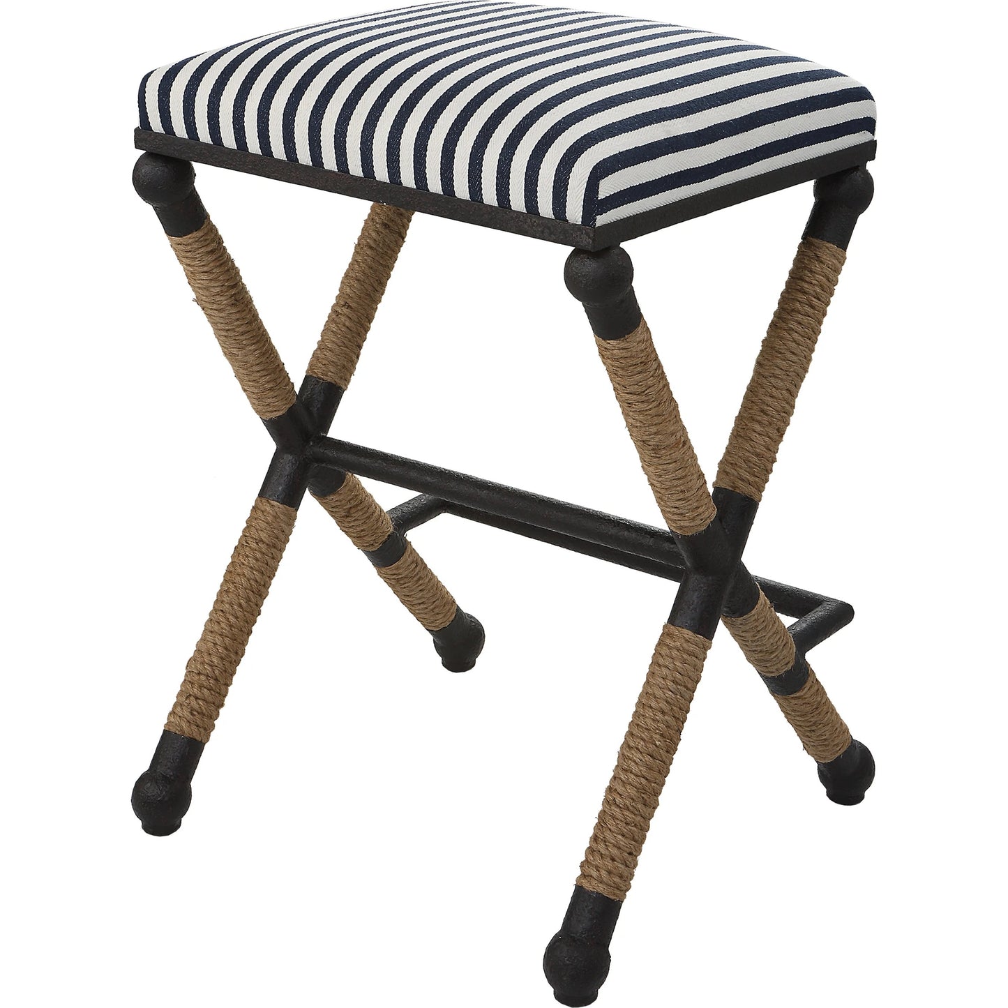 009 SI-1923688 | Additional Silo | Braddock Counter Stool by Uttermost in navy, cream and iron. Made from mdf, farbic, iron, foam, rope in a coastal style.